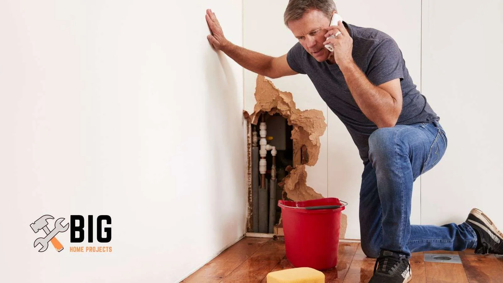 Man calling plumber about a knocking pipe - bighomeprojects.com