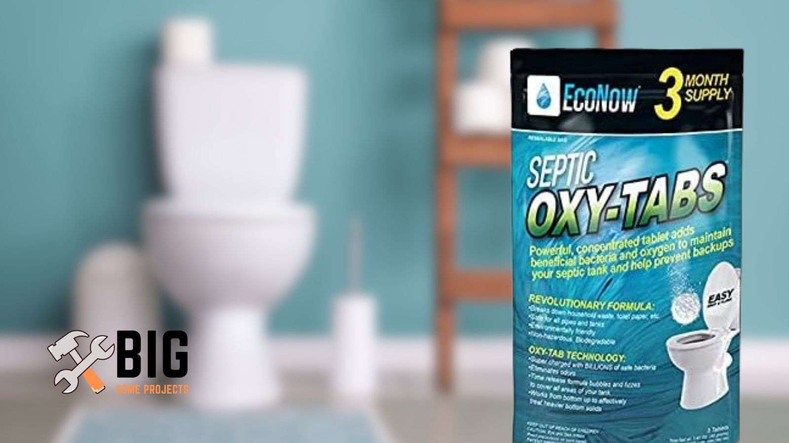 Econow septic oxy-tabs in front of a restroom - bighomeprojects.com