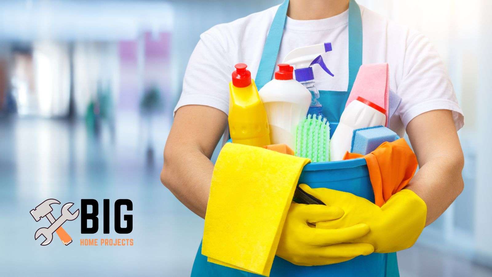Lady holding chemical cleaners in a bucket - bighomeprojects.com